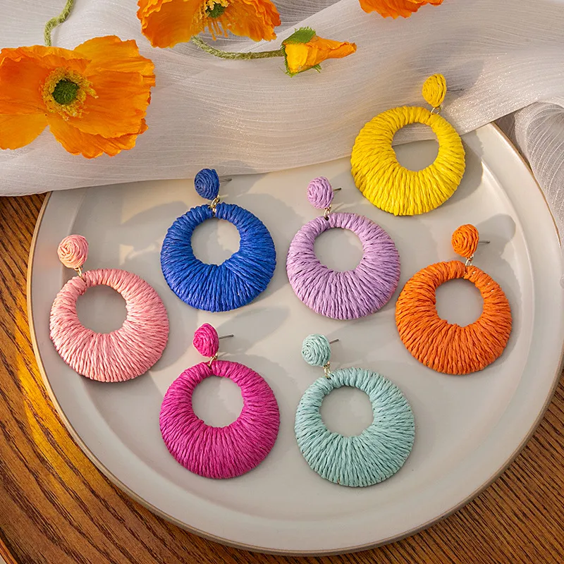 Bohemian Holiday Woven Hollow Round Earrings Geometric Raffia Jewelry