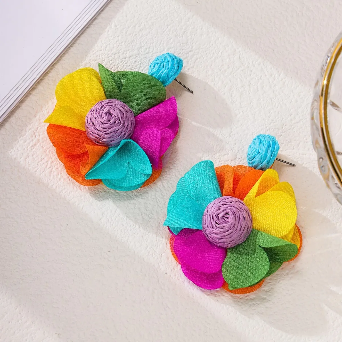 Women Fashion Multicolor Floral Iron Raffia Earrings
