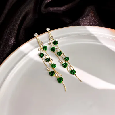 Elegant Rhinestone Rose Tassel Vintage Metal Earrings
