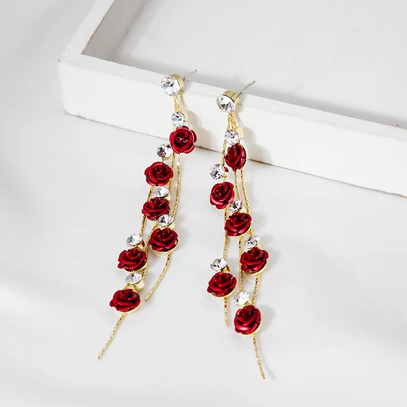 Elegant Rhinestone Rose Tassel Vintage Metal Earrings