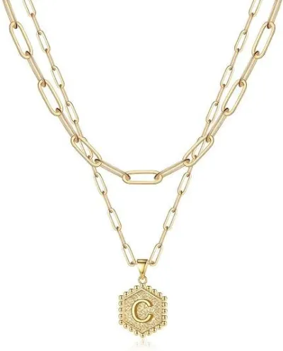 Fashion Simple Hexagon Letter Alphabet Pendant Multi-Layer Alloy Necklace