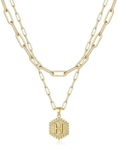 Fashion Simple Hexagon Letter Alphabet Pendant Multi-Layer Alloy Necklace