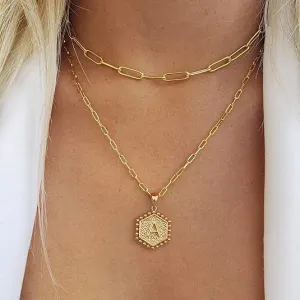Fashion Simple Hexagon Letter Alphabet Pendant Multi-Layer Alloy Necklace
