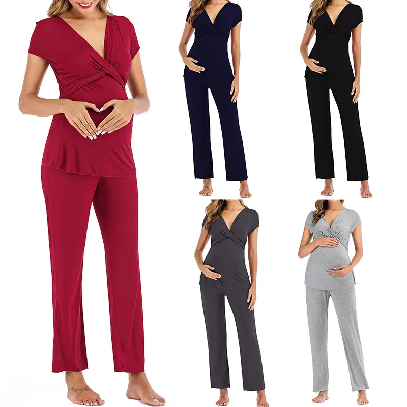 Pregnant Women Fashion Casual V-Neck Short Sleeve Top Loose Pants Two-Piece Set