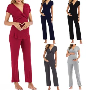 Pregnant Women Fashion Casual V-Neck Short Sleeve Top Loose Pants Two-Piece Set