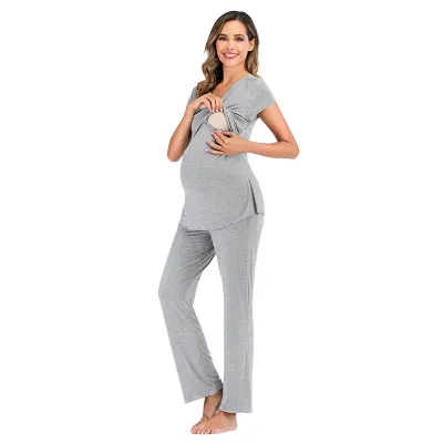 Pregnant Women Fashion Casual V-Neck Short Sleeve Top Loose Pants Two-Piece Set