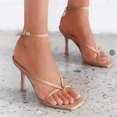 Women's Fashion Plus Size Solid Color Square Toe High Heel Thong Sandals