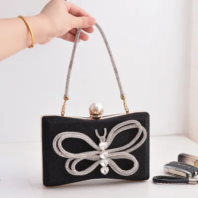 Women Fashion Bow Rhinestone Square Evening Bag Clutch PU
