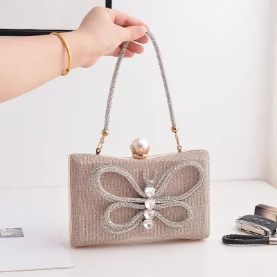 Women Fashion Bow Rhinestone Square Evening Bag Clutch PU