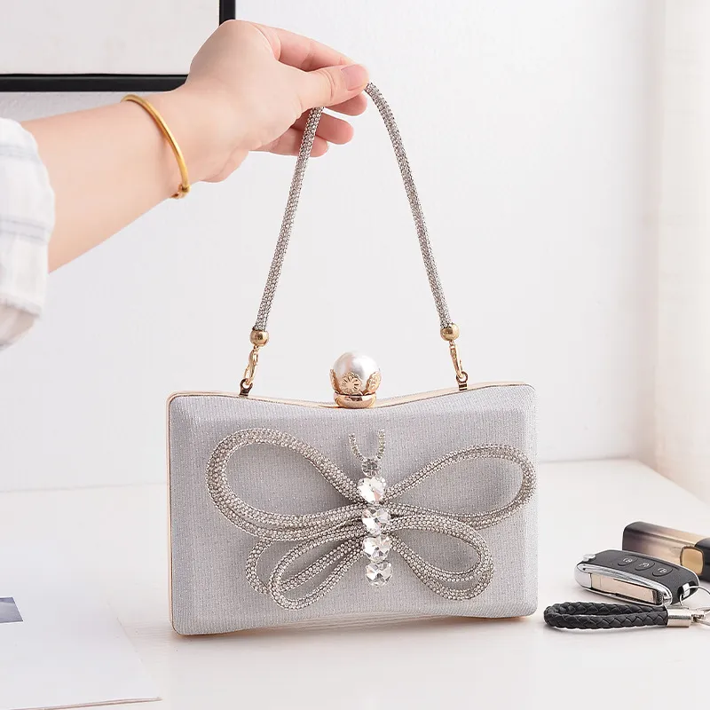 Women Fashion Bow Rhinestone Square Evening Bag Clutch PU