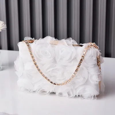 Women Fashion Exaggerated Stereo Floral Rhinestone Handle Square Evening Bag