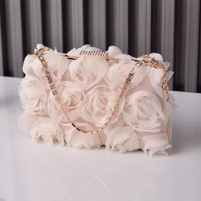 Women Fashion Exaggerated Stereo Floral Rhinestone Handle Square Evening Bag