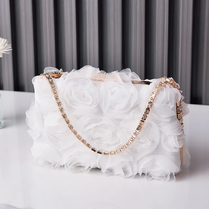 Women Fashion Exaggerated Stereo Floral Rhinestone Handle Square Evening Bag