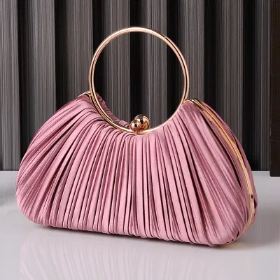 Women Fashionable Elegant Pleated Ring Handle Silk Evening Bag Latch Closure