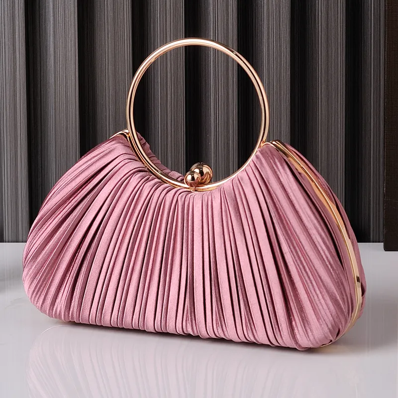 Women Fashionable Elegant Pleated Ring Handle Silk Evening Bag Latch Closure