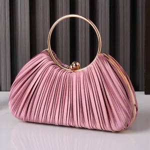 Women Fashionable Elegant Pleated Ring Handle Silk Evening Bag Latch Closure