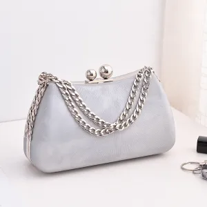 Women Elegant PU Chain Handle Evening Bag Clutch Pillow Shape Latch Closure Hard Shell