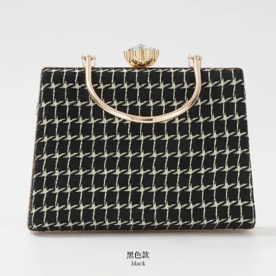Women Fashionable Square Check Woolen Cloth Evening Bag with Latch Closure