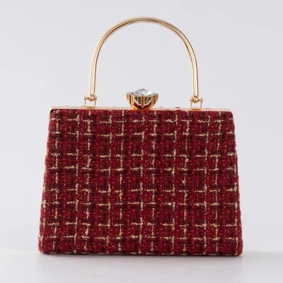 Women Fashionable Square Check Woolen Cloth Evening Bag with Latch Closure