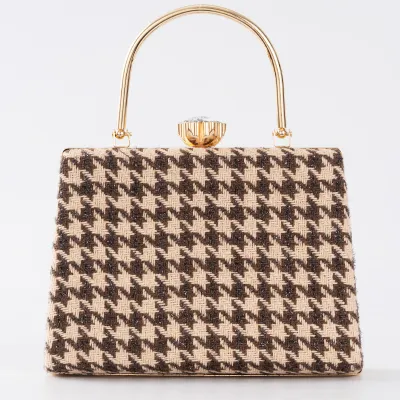 Women Fashionable Square Check Woolen Cloth Evening Bag with Latch Closure