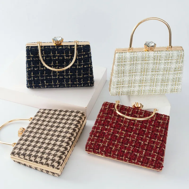 Women Fashionable Square Check Woolen Cloth Evening Bag with Latch Closure