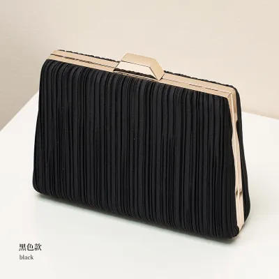 Women Fashionable Square Pleated Chain Evening Bag Hard Polyester Cloth Latch Clutch Party Bag