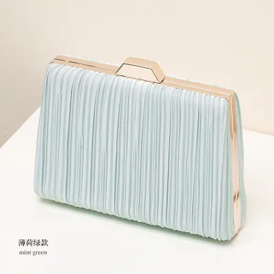 Women Fashionable Square Pleated Chain Evening Bag Hard Polyester Cloth Latch Clutch Party Bag