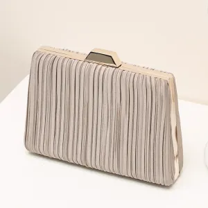 Women Fashionable Square Pleated Chain Evening Bag Hard Polyester Cloth Latch Clutch Party Bag