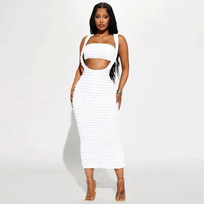 Women Sexy Solid Color Sleeveless Bubble Lattice Long Dress Two-Piece Set