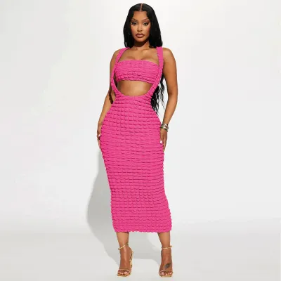 Women Sexy Solid Color Sleeveless Bubble Lattice Long Dress Two-Piece Set