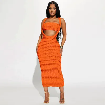 Women Sexy Solid Color Sleeveless Bubble Lattice Long Dress Two-Piece Set