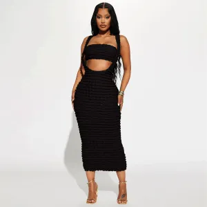 Women Sexy Solid Color Sleeveless Bubble Lattice Long Dress Two-Piece Set