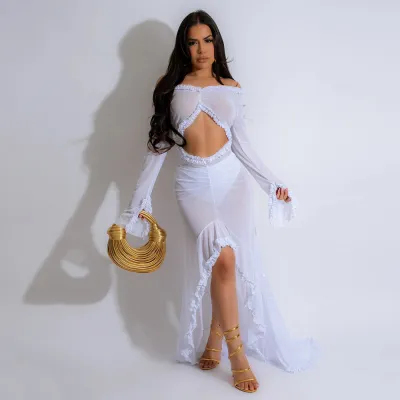 Women Sexy V-Neck Solid Color Long Sleeve Off-Shoulder Wrap Hip Maxi Dress