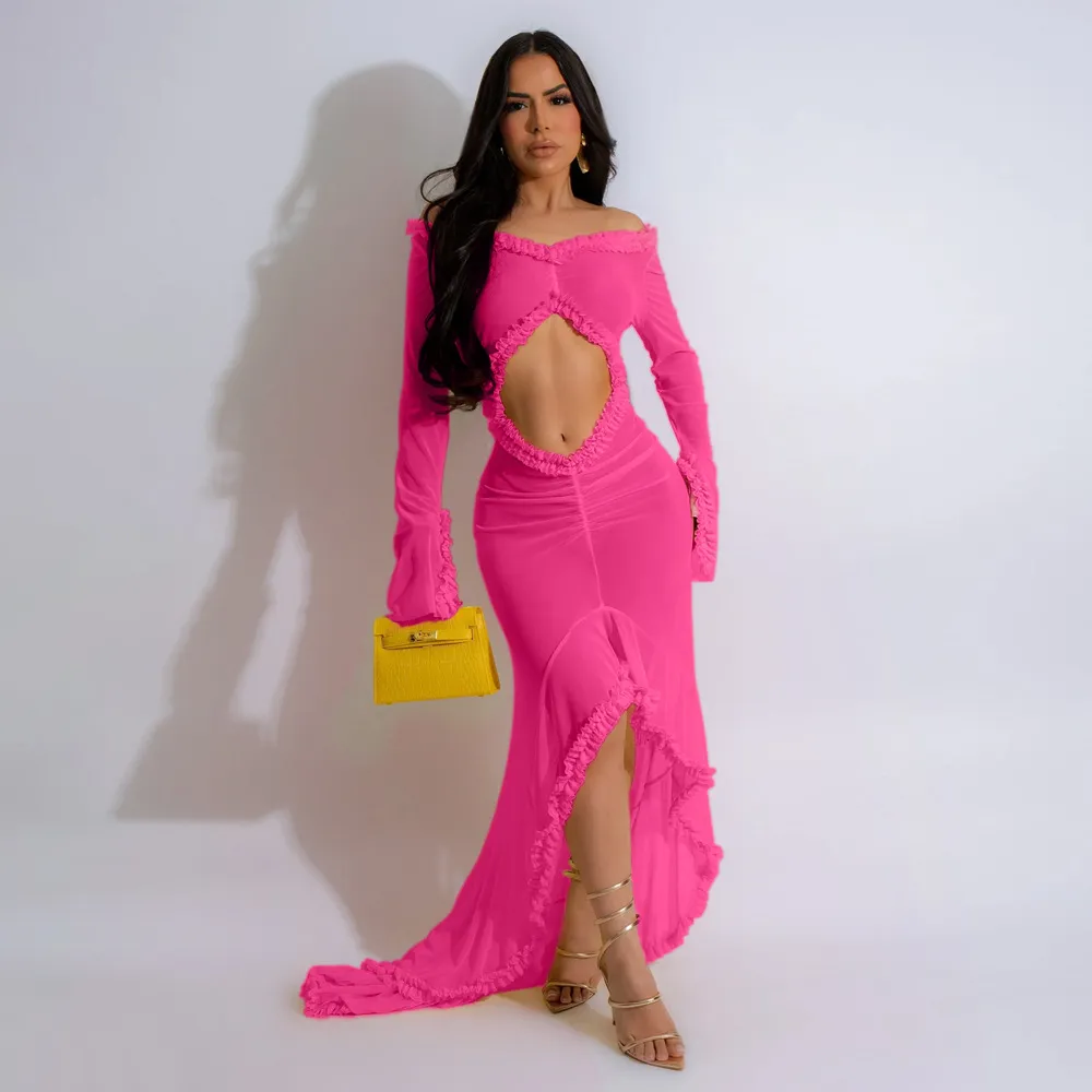 Women Sexy V-Neck Solid Color Long Sleeve Off-Shoulder Wrap Hip Maxi Dress