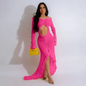 Women Sexy V-Neck Solid Color Long Sleeve Off-Shoulder Wrap Hip Maxi Dress
