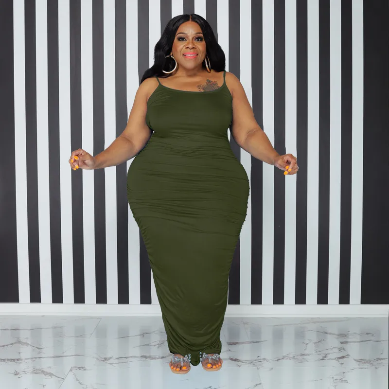 Women Plus Size Pleated Bodycon Maxi Sling Dress Solid Color Polyester Commuter Wind