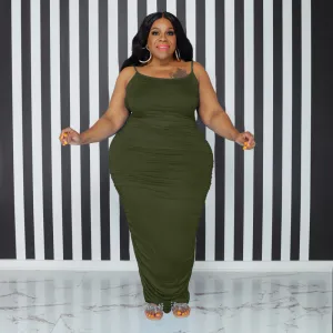 Women Plus Size Pleated Bodycon Maxi Sling Dress Solid Color Polyester Commuter Wind