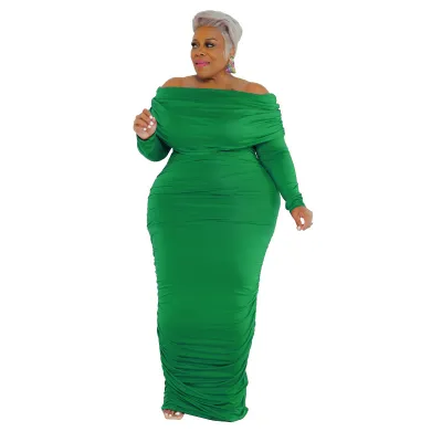 Women Plus Size Solid Color Long Sleeve Bodycon Maxi Dress