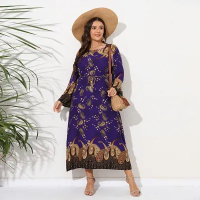 Ethnic Retro Women Plus Size Casual Long Sleeve Cotton Dress