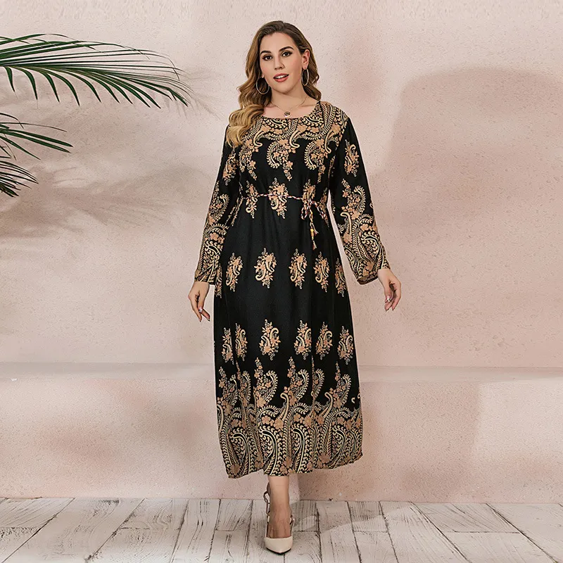 Ethnic Retro Women Plus Size Casual Long Sleeve Cotton Dress