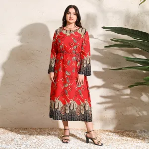 Women Plus Size Vintage National Style Long Sleeve Dress