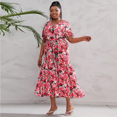 Women Plus Size Casual Vintage Floral Printed Short-Sleeved Swing Dress
