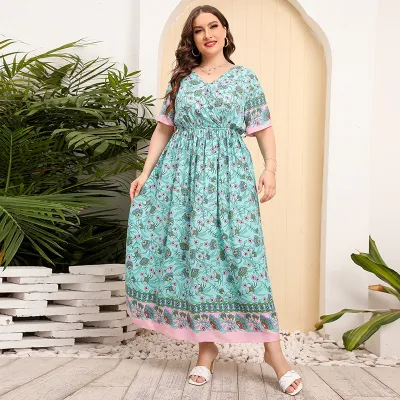 Women Plus Size Casual Vintage Floral Printed Short-Sleeved Swing Dress