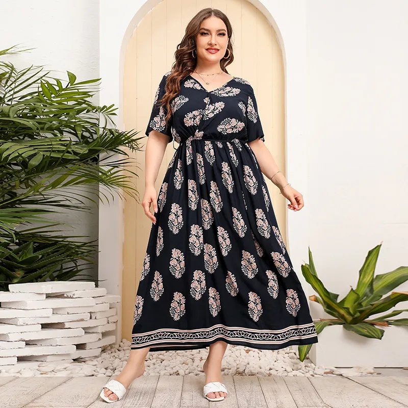 Women Plus Size Casual Vintage Floral Printed Short-Sleeved Swing Dress