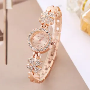Women Simple Creative Four-Leaf Clover Rhinestone Round Dial Bracelet Watch Leisure Style