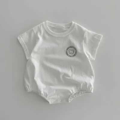 Kids Baby Boys Girls Casual Cartoon Bear Print Short Sleeve Romper Cotton Neutral Hidden Button