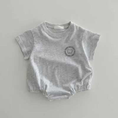 Kids Baby Boys Girls Casual Cartoon Bear Print Short Sleeve Romper Cotton Neutral Hidden Button