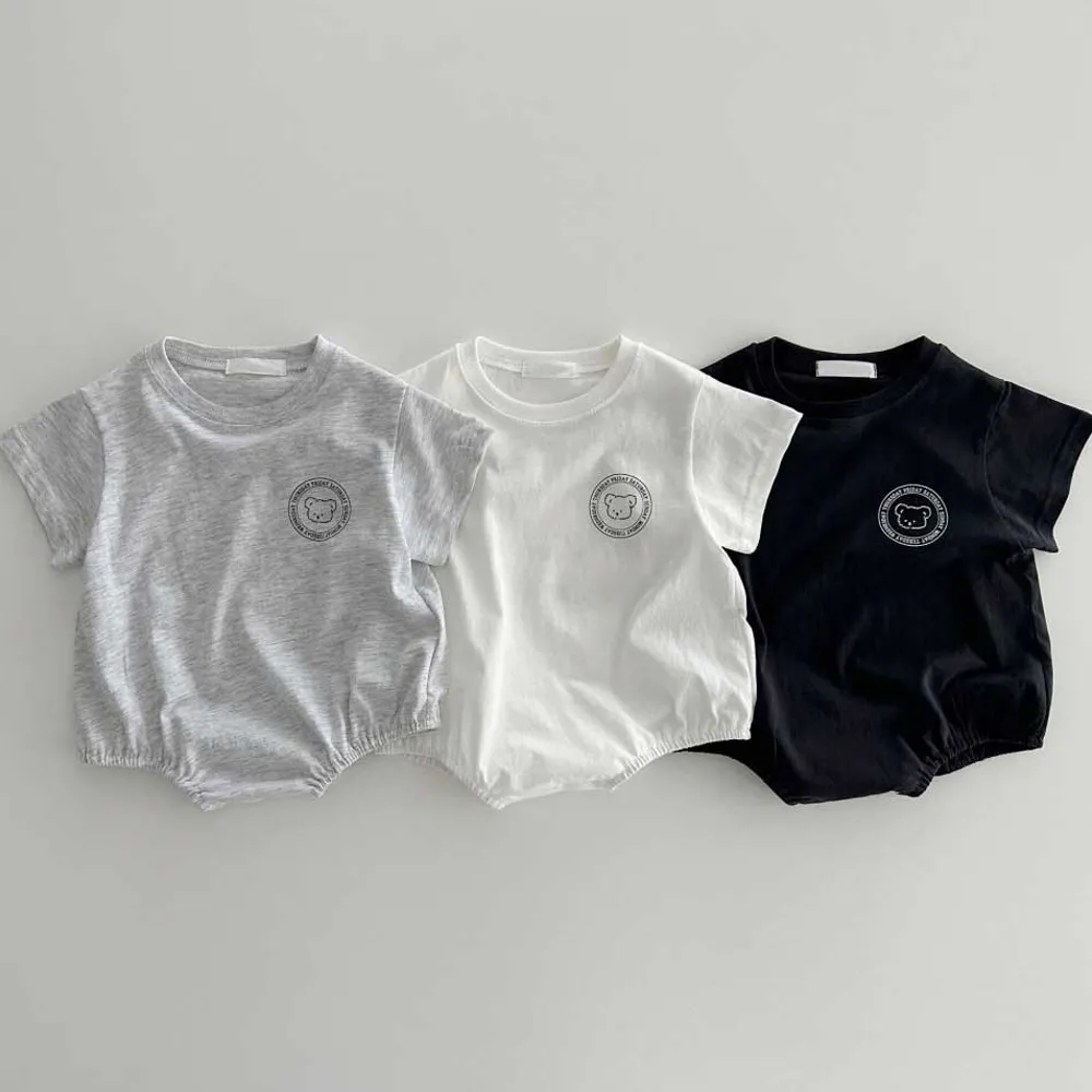 Kids Baby Boys Girls Casual Cartoon Bear Print Short Sleeve Romper Cotton Neutral Hidden Button