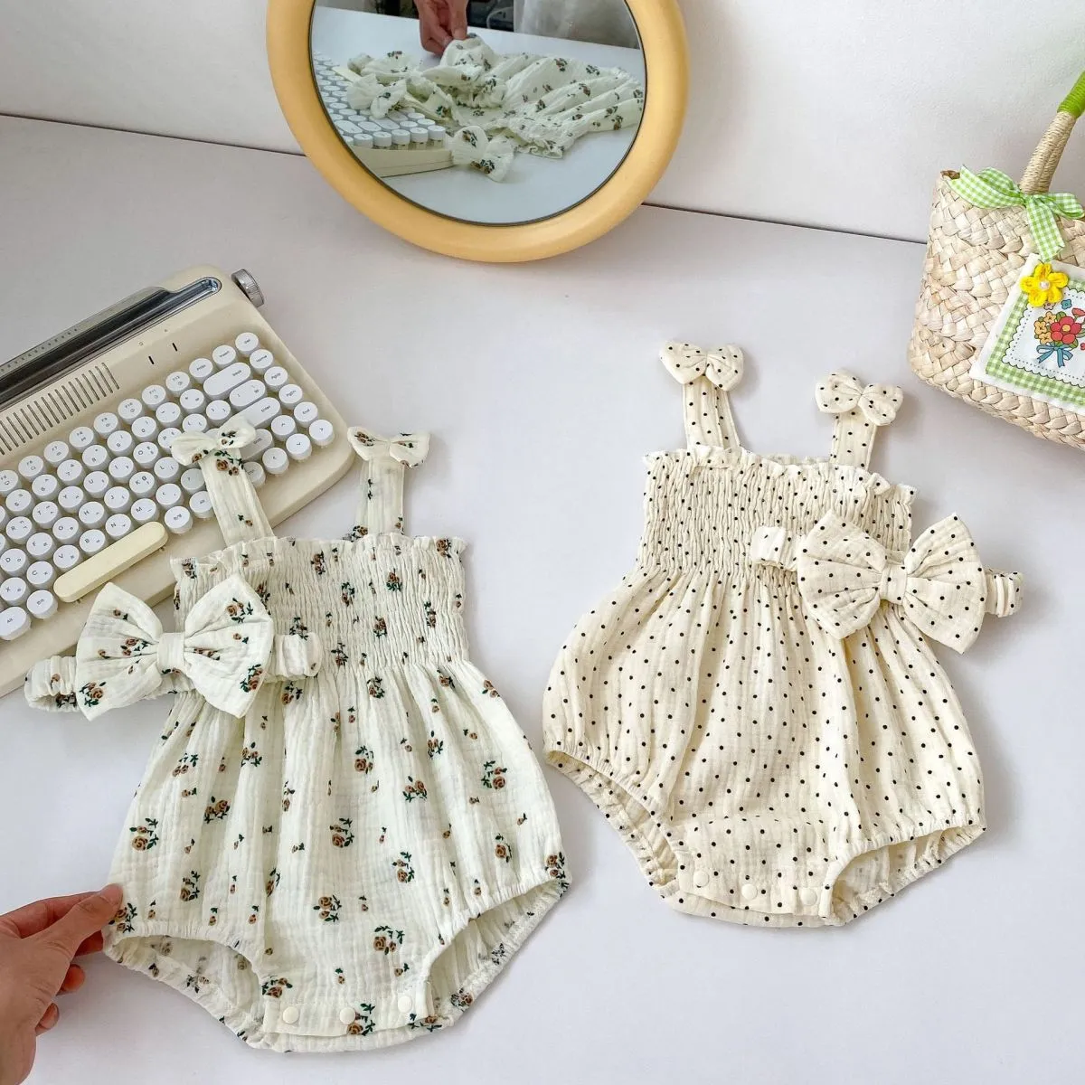 Kids Baby Girls Casual Cute Tiny Flower Polka Dot Print Sleeveless Romper