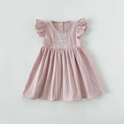 Kids Toddler Girls Casual Cute Flower Raglan Sleeve Dress Cotton Solid Color